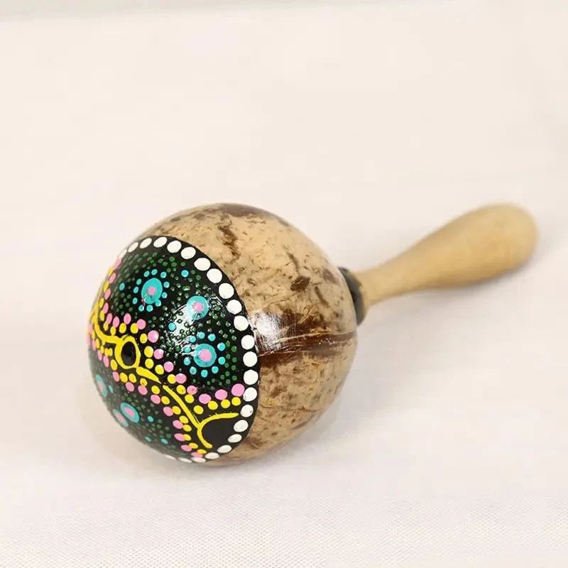 Painted Coconut Shell Maracas Natural Coconut Shell Sand Hammer Shaker with Beautiful Patterns Percussion Musical Instrument 1pc