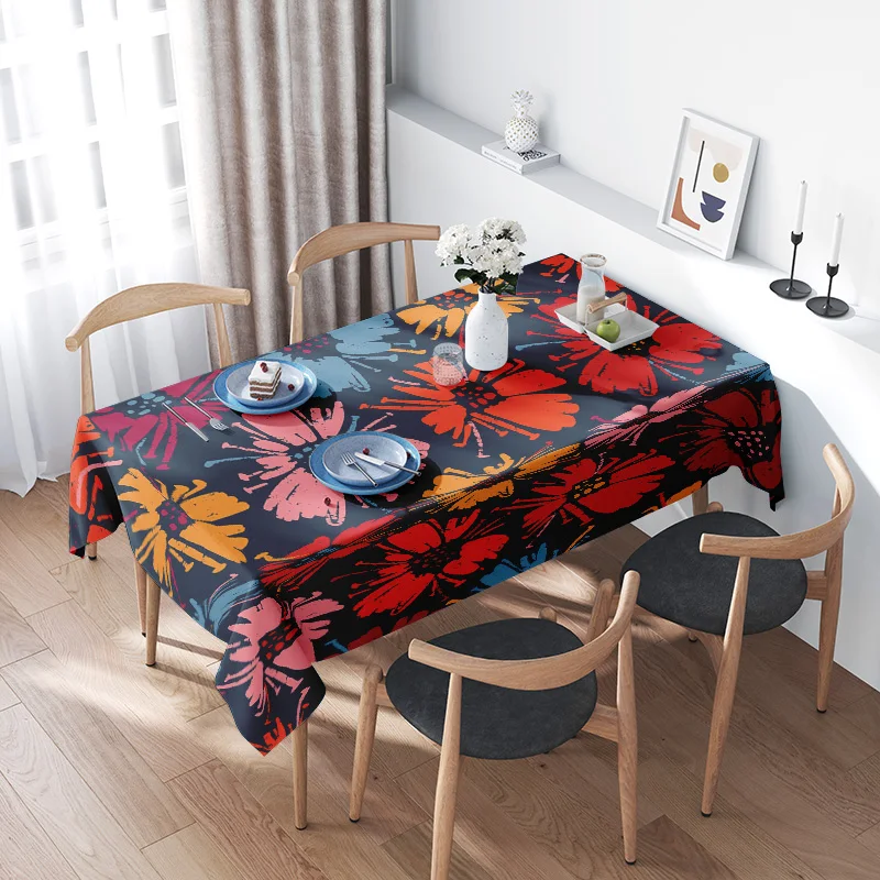 

Modern Floral Print TableclothVibrant Red Blue Flower Design for Dining Room Decor Reusable Home Party Decoration/Table Linen (5