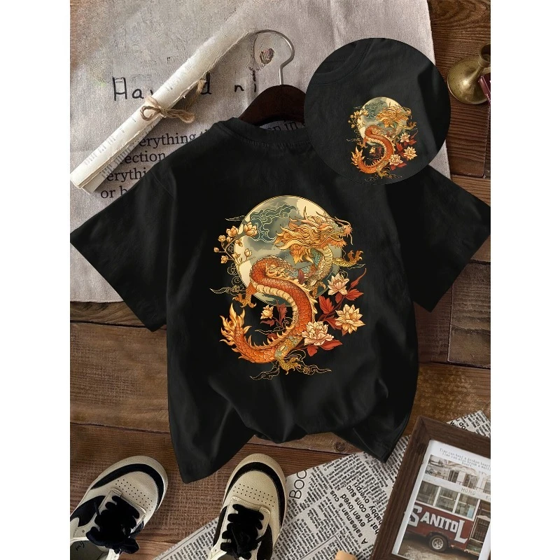 Double-Sided Vintage Yellow Dragon Lotus Deep Red Moon Flower Dragon Art Print T-Shirt Short Sleeve Crew Neck Casual Women's Top