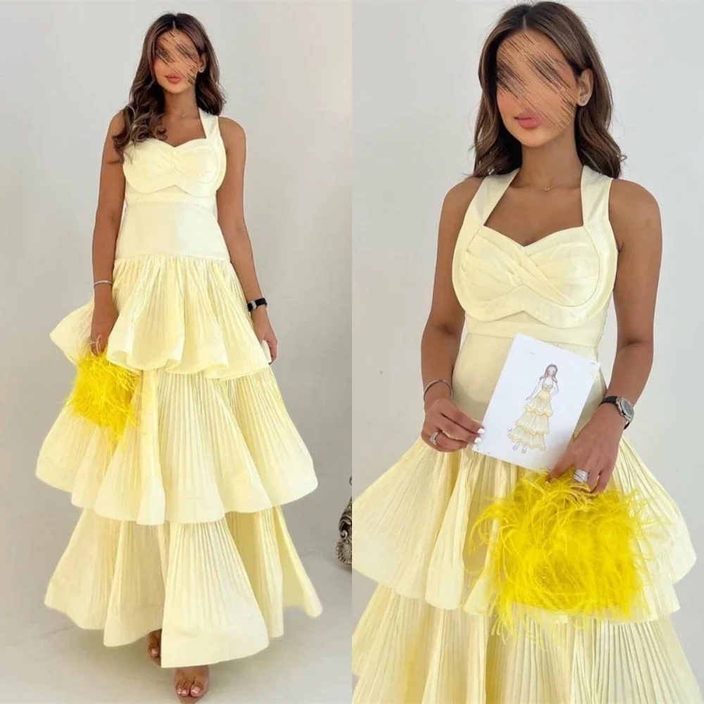 Customized Jiayigong Fashion Square Collar Empire Tiered Party Dress Ankle Length Sleeveless Pleat Formal Evening Gowns جديد في