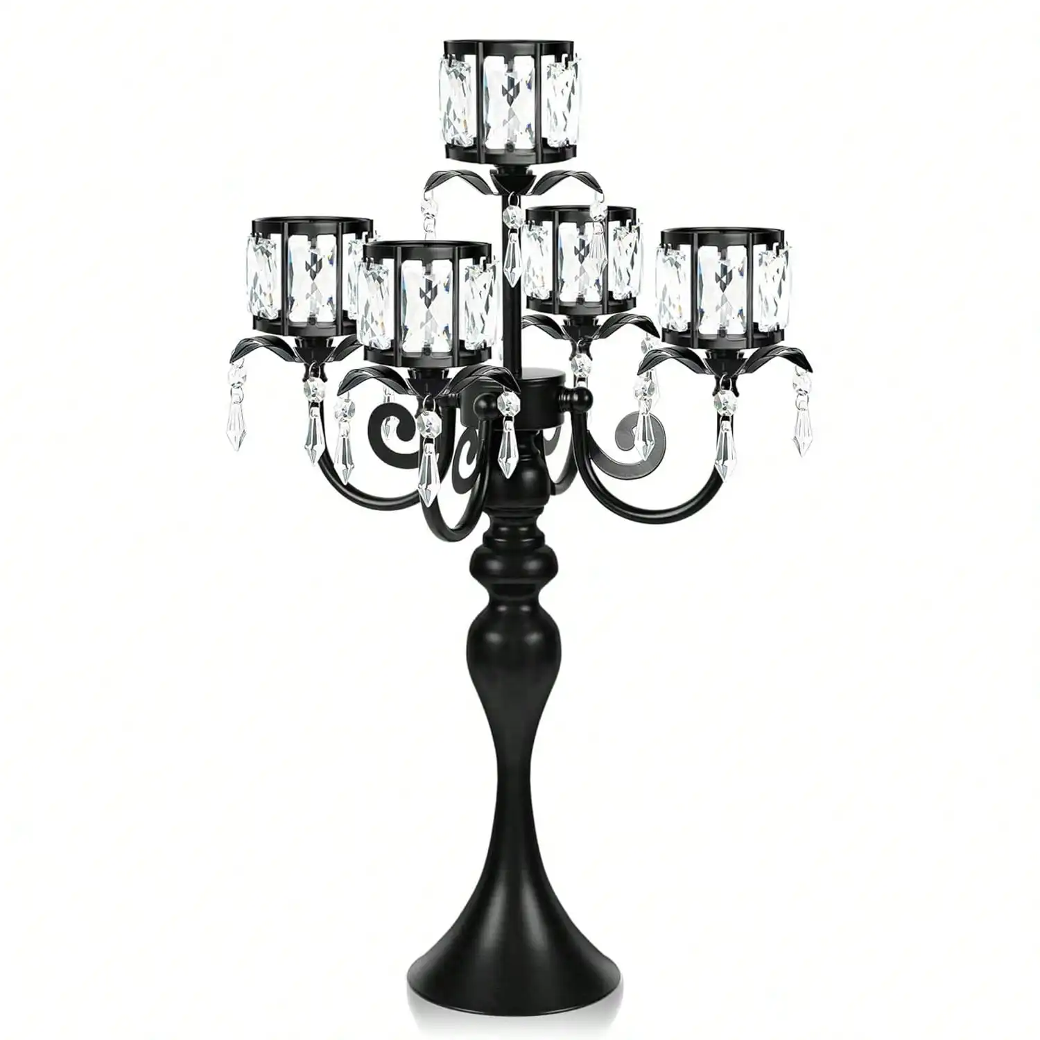 1pc Black 5-Arm Crystal Pendant Metal Candle Holder With Square Crystal Bowl, 22-Inch Tall Wedding Table Centerpiece For Holiday Party Events, Christmas, Birthday Decorations