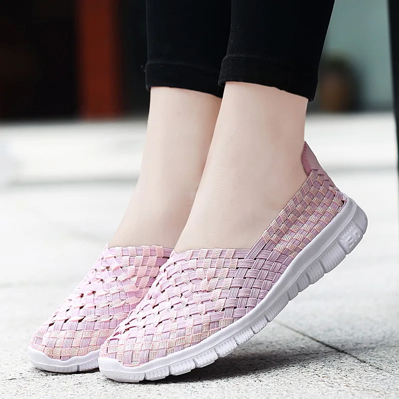 Women\'s Casual Shoes 2023 New Fashion Elastic Band Weave Flat Shoes Breathable Sneakers Lightweight Walking Shoes Zapatos Mujer