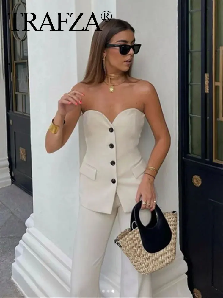 TRAFZA 2024 New Woman Suits Elegant Single-breasted Pocket Strapless Slim Tube Top + Zipper Female Straight Leg Slit Long Pant