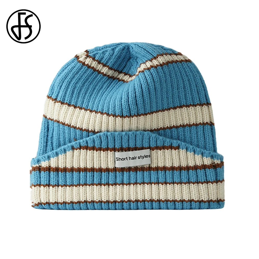 FS Fashion Warm Winter Beanie Cap Thicken Knitted Hat For Women Men Blue Stripe Wool Pullover Caps Outdoor Skiing Hats Balaclava