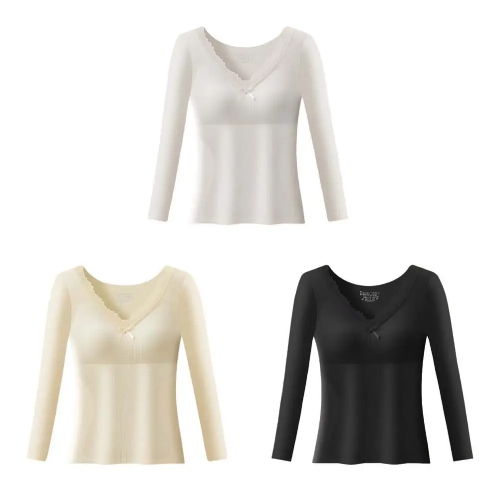 Comfortabel Kant Vrouwen Wol Thermische Kleding Onzichtbare Wol Fleece Thermisch Ondergoed Lingerie V-hals Warmte Lange Tops Dame