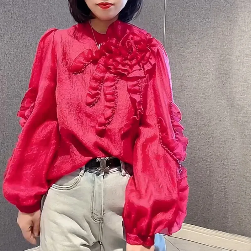 OCEANLOVE Chiffon Shirts&blouses Women Tops 3D Flowers Spring Summer Transparent Blusas Feminina Korean Fashion Retro Camisas