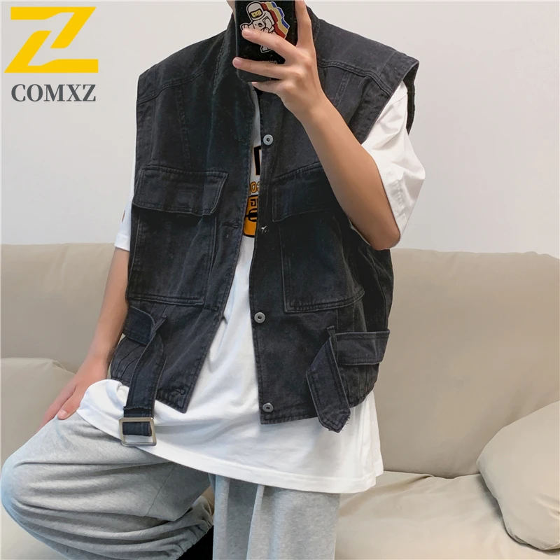 الرجال الكورية نمط المتضخم سترة جينز الصيف غسلها عمال جاكيت بلا إكمام خمر المتعثرة ملابس الشارع الشهير طبقات #6