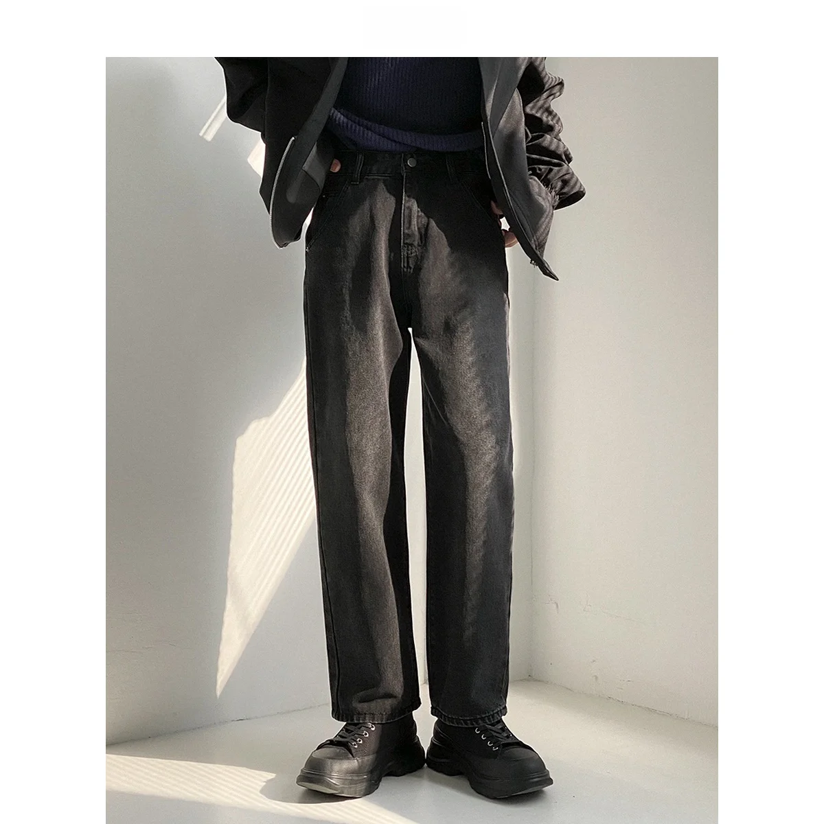 

Black Loose Straight Leg Jeans for Men Casual Comfortable Retro Style DAZO Men's Fashion Brand Cotton Denim mid Waist Zipper