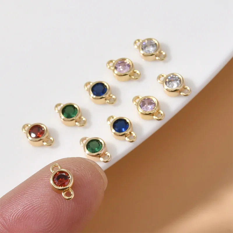 Copper Plated 14k Gold Color Retention Mini Double Hanging Round Zircon Pendant DIY Bracelet Necklace Ear Jewelry Accessories