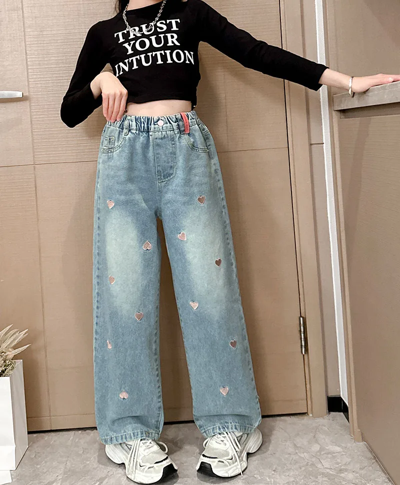 2024 Spring and Autumn Girls Versatile Love Metal Buckle Wide Leg Pants Pocket Jeans Elastic Waist Pants 1-6 Years Old