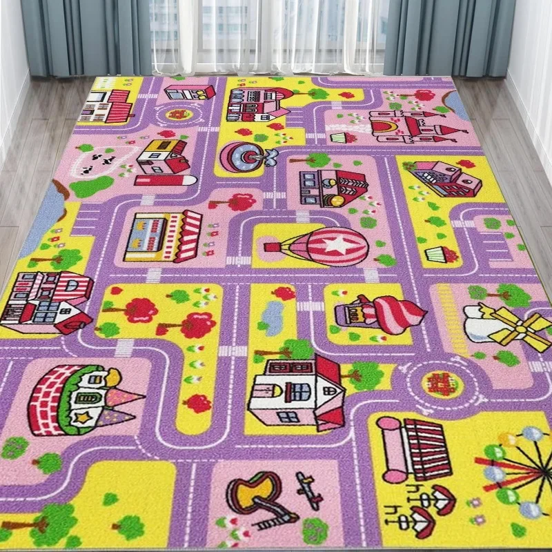 Blue Pink Green Soft Carpet， Urban Road Rail Transit Theme Climbing Mat for Office And Living Room Decorative Carpet