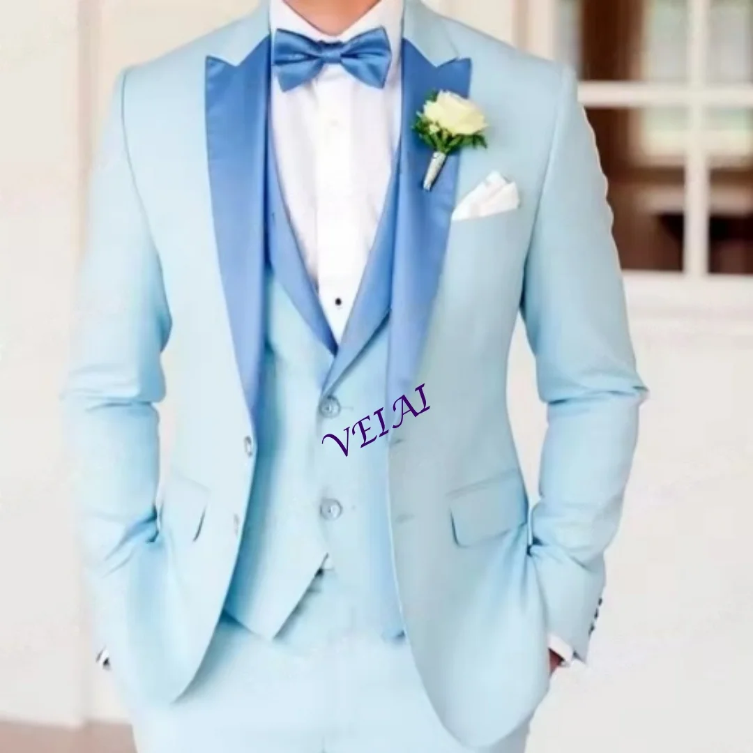 

CustomizedNew Sky Blue Formal Occasion Business Men Suit Groom Groomsman Wedding Party Prom Male Tuxedos 3 Piece Set Blazer Vest