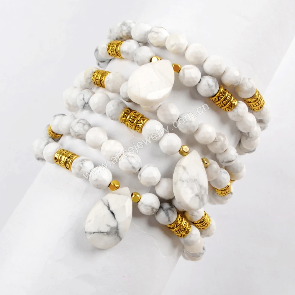 

BOROSA Teardrop Natural White Turquoise With 6mm White Turquoise Beads Faceted Bracelet for Women Jewelry Anniversary Gifts