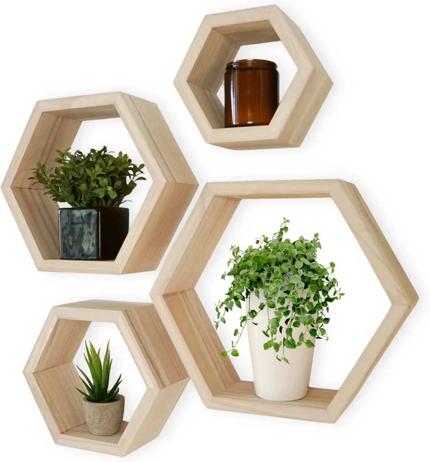 Hexagon Shelves Natural Premium Wood Floating Shelves Set of 4 Wall Shelf for Bedroom, Office, Living Room & Bathroom Farmho