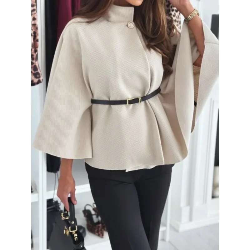 S-XXL nouveau femmes à la mode couleur unie taille sangle manteau dames à manches longues décontracté laine Cape Style veste