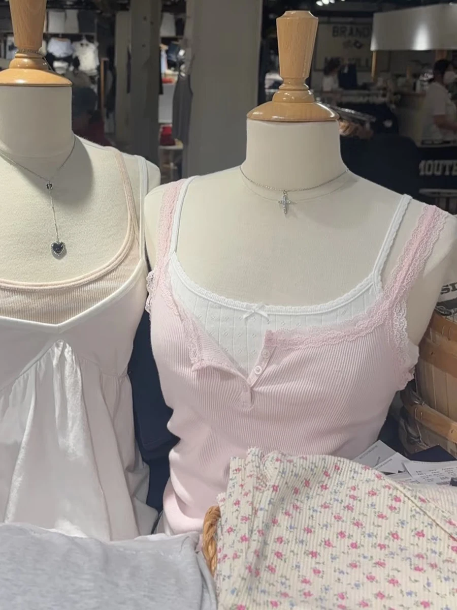

Pink Lace Trim Ribbed Tank Top Women New Three Buttons U Collar Sleeveless Slim Cropped Vest Summer Sweet Casual Simple Camisole