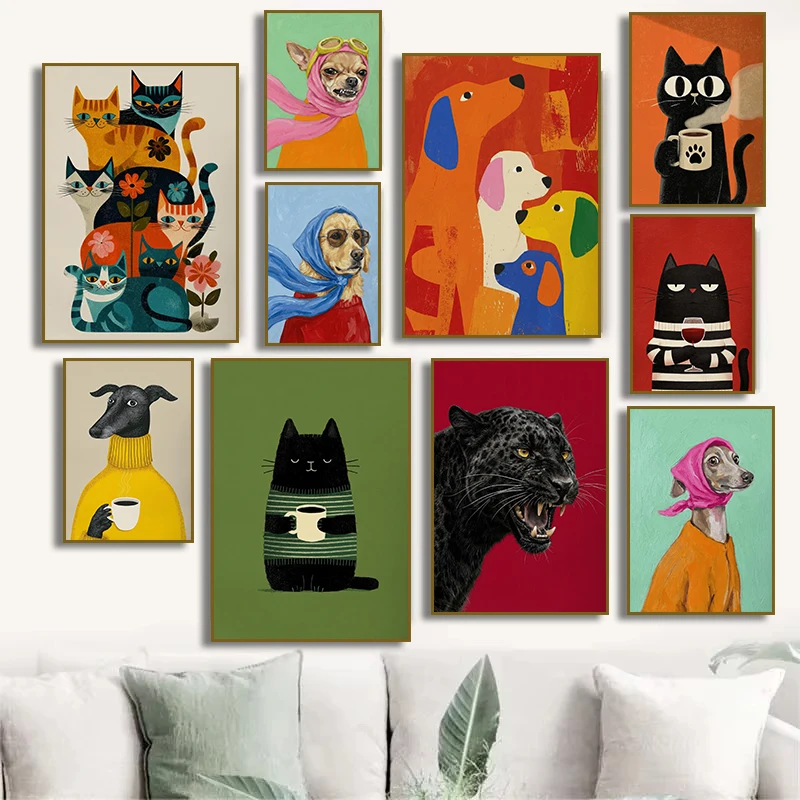 Vibrant Colorful Whimsical Dog Quartet Black Panther Aviator Dog Poster Black Cat  Canvas Painting Print Cozy Kitchen Home Decor