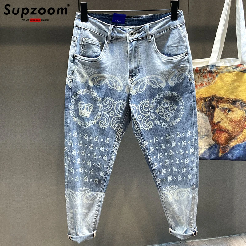 Supzoom New Arrival Hot Sale Top Fashion Print Light Jeans Men Abstract Pattern Casual Ethnic Motifs Denim Four Seasons