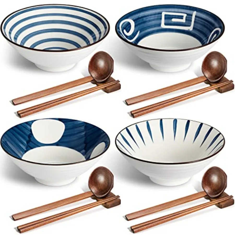 40oz Ceramic Japanese Ramen Bowls Set of 4, 8 Inch Deep Asian Pho Udon Soup Noodle Bowls with Chopsticks, Spoons and Chopstick