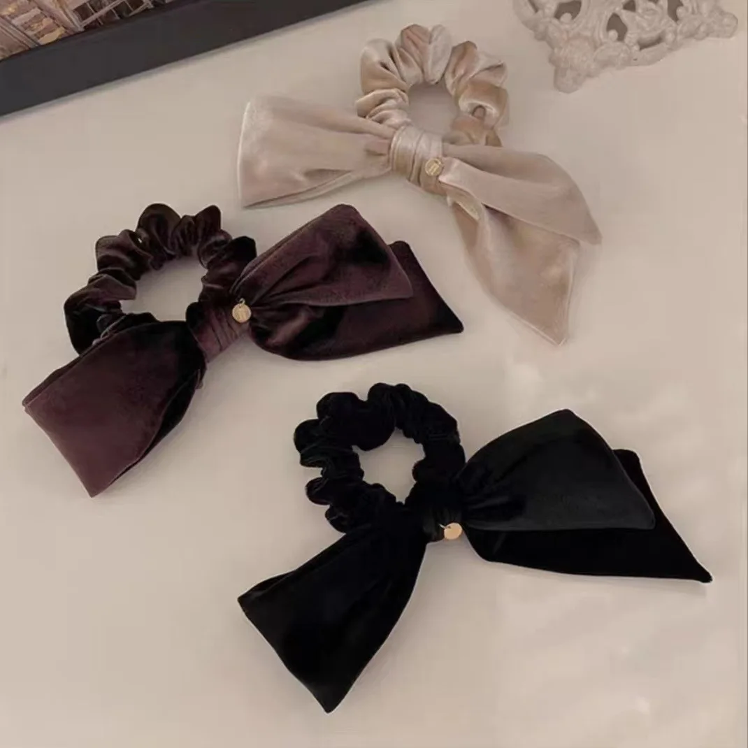 Female Retro French New Vintage Velvet Bow Large Bowel Elastic Hair Scrunchies Temperament Tie Ponytail Headdress