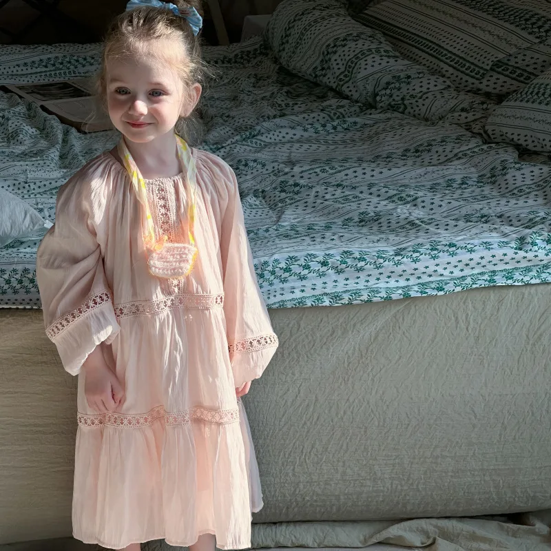 

Girls' Spring Dress2025New children's elegant lace trim dress for little girls sweet princess long dress