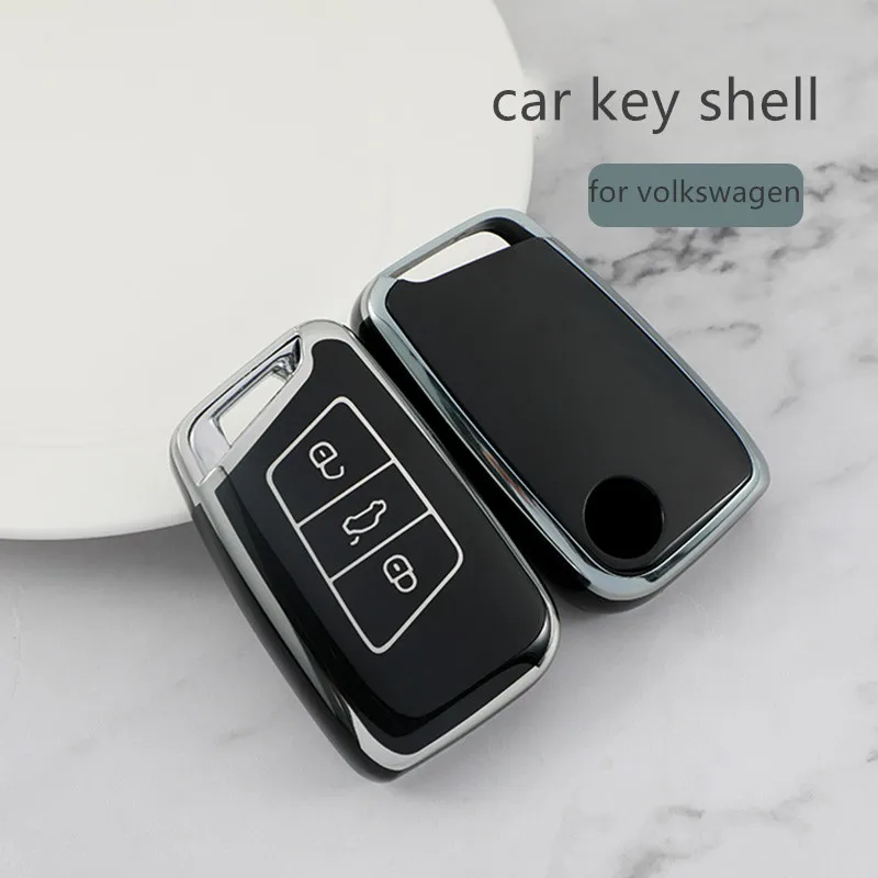 Car Key Case for Volkswagen CC PASSAT Magoan Lavida B8 Arteon Atlas 3 Interior Accessories Button Key Cover Silver Edge TPU
