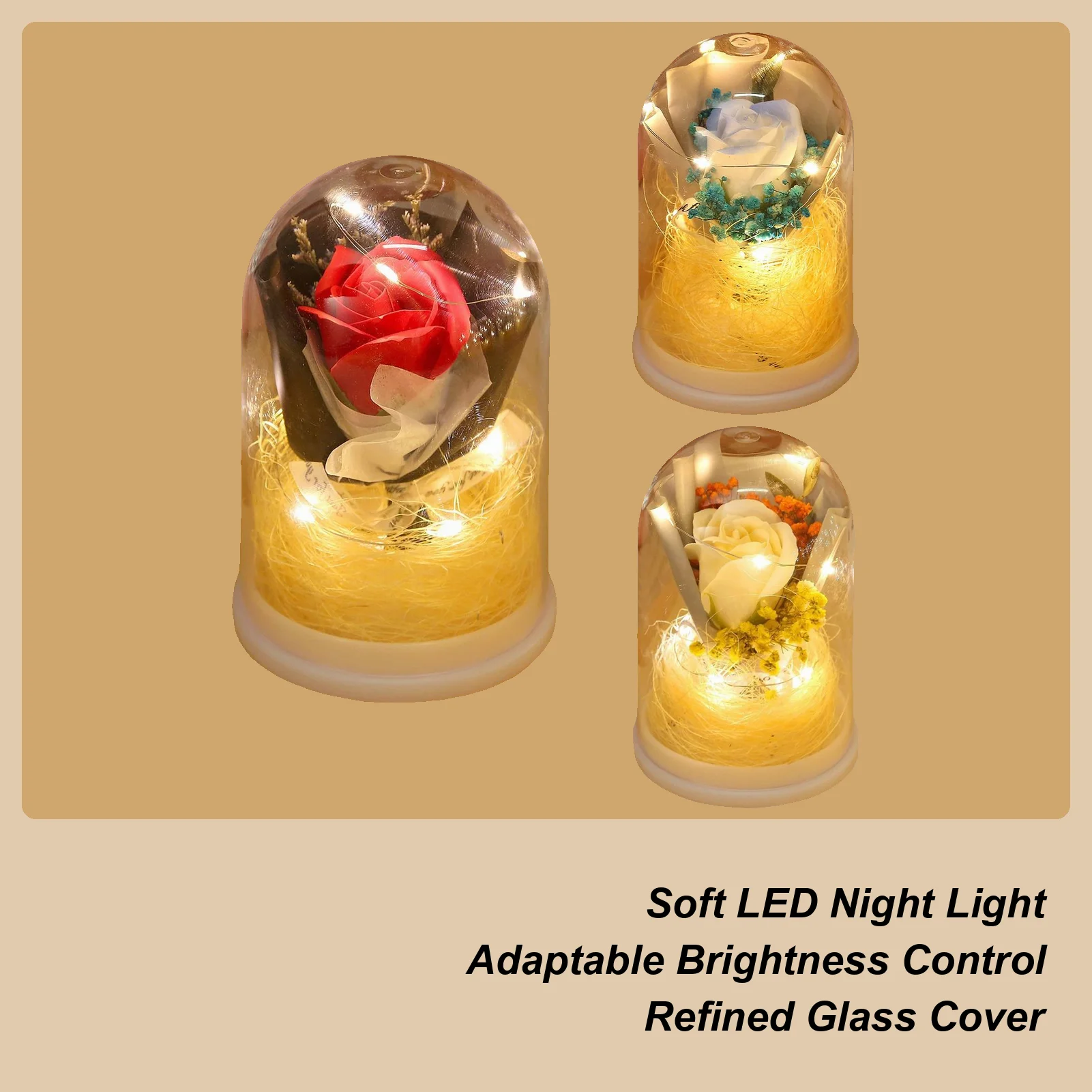 Preserved Flower Eternal Rose Bouquet in Glass Dome Infinity Flower with Light for Mom Women Grandma Wife Daughter Her Valentine