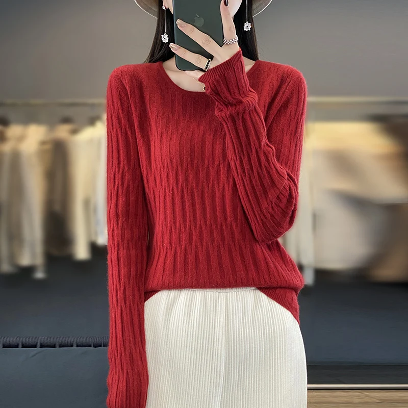 100% Pure Wool Autumn And Winter New Pit Strip Round Neck long Sleeve Women's Pullover Sweater Solid Color Knit Base Shirt