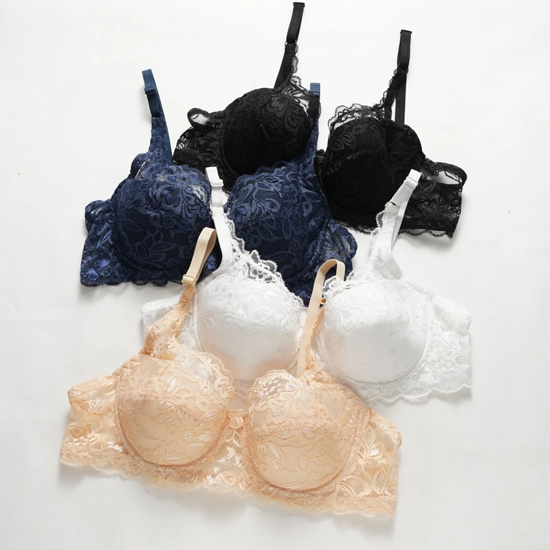 Женские кружевные бюстгальтеры, сексуальный ажурный бюстгальтер пуш-ап с мягкой вышивкой на косточках 32-40BC, женский бюстгальтер без косточек больших размеров, удобное нижнее белье