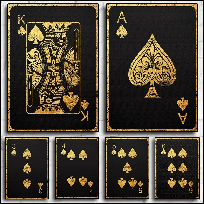 Gold Royal Flush of Spades Poster Playing Poker Cards Canvas Painting Wall Art for Cool Man Cave or Basement Game Room Decor
