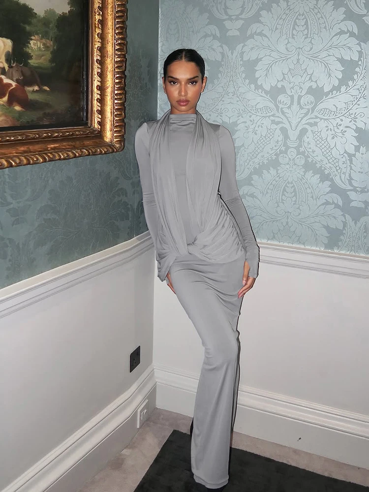 Weird Puss Elegant Bandage Dress Women Halter Ruched Patchwork Half High Collar Peach Hip Simple Stretch Skinny Slit Bodycon