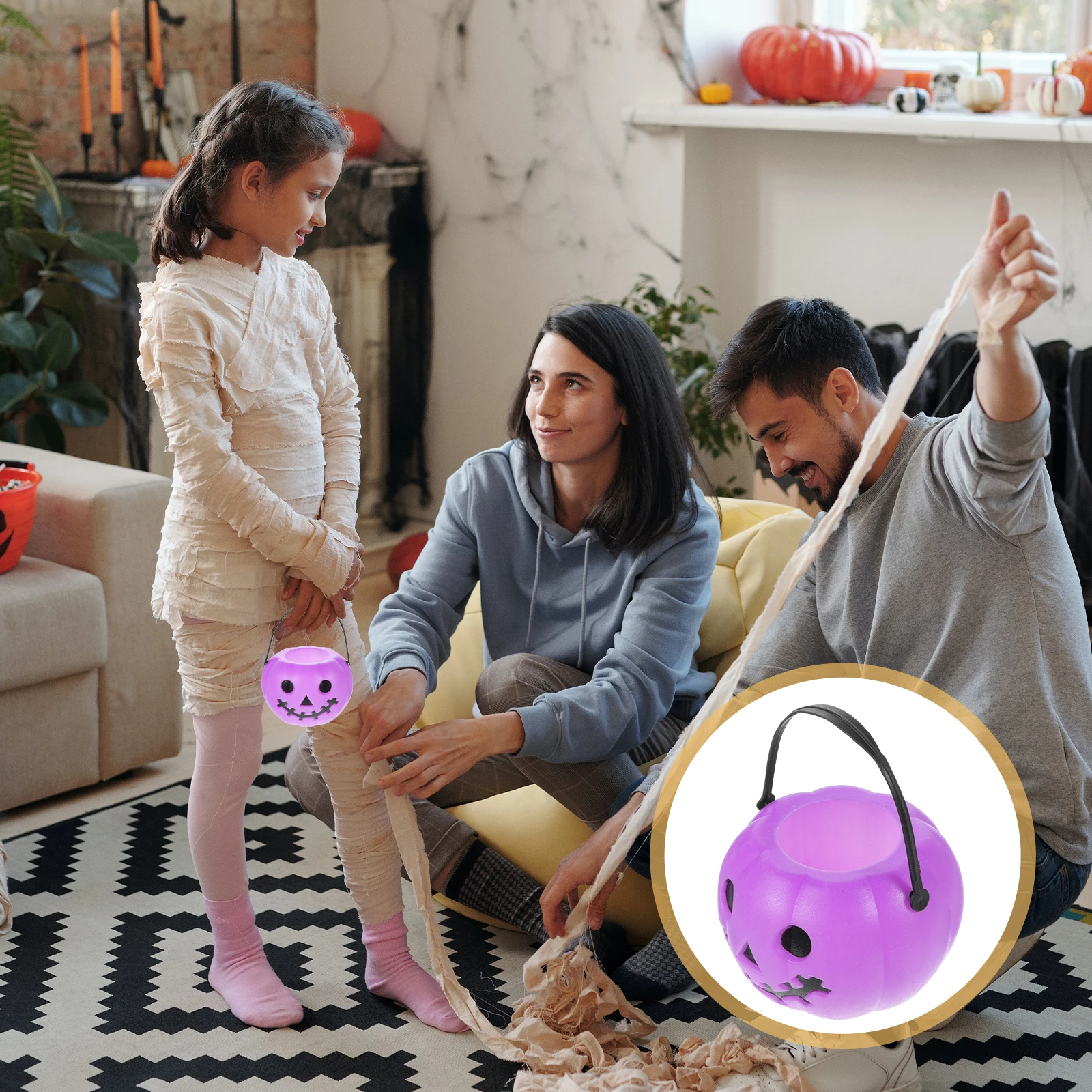 3 قطع من دلاء حلوى اليقطين للهالوين، حاملات حلوى بلاستيكية قابلة لإعادة الاستخدام مع مقابض لتخزين الوجبات الخفيفة للحفلات #2