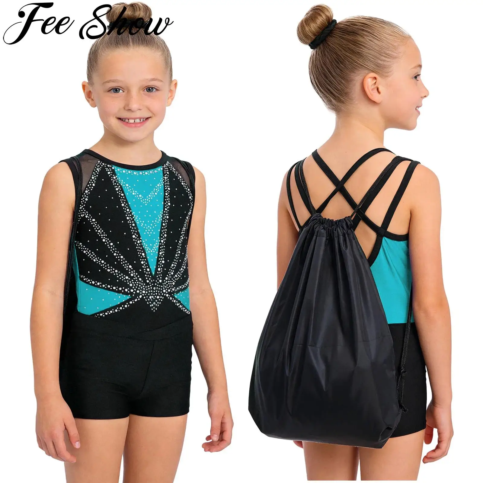 Teen Girls Ballet Dance Gymnastics Outfits Sleeveless Shiny Rhinestones Figure Skating Acrobatics Leotard with Shorts Backpack