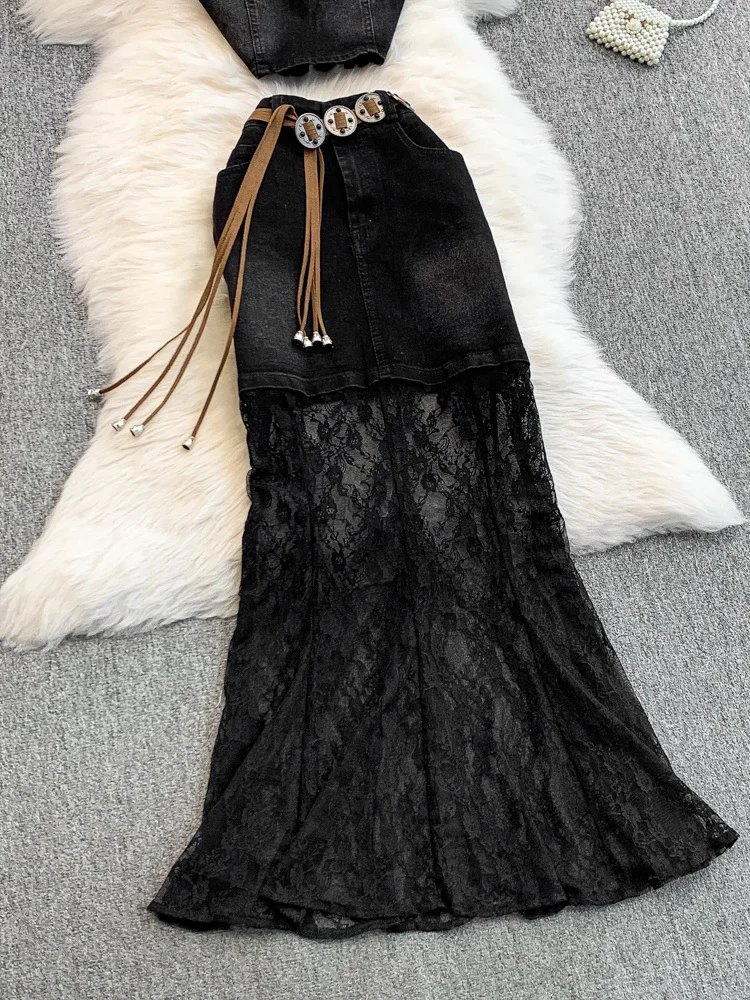 

Retro American ort Bla Denim Strap Vest And Lace Splicing Skirt Set Slimming High Waist Sexy Girl Faion Ensemble