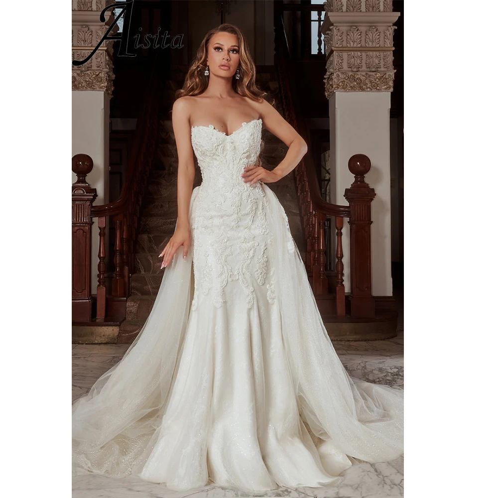 

A Line Wedding Dress Strapless Dress customized Lace Tulle Bride Dresses Sweetheart Elegant and Pretty Women's Dresses Vestido