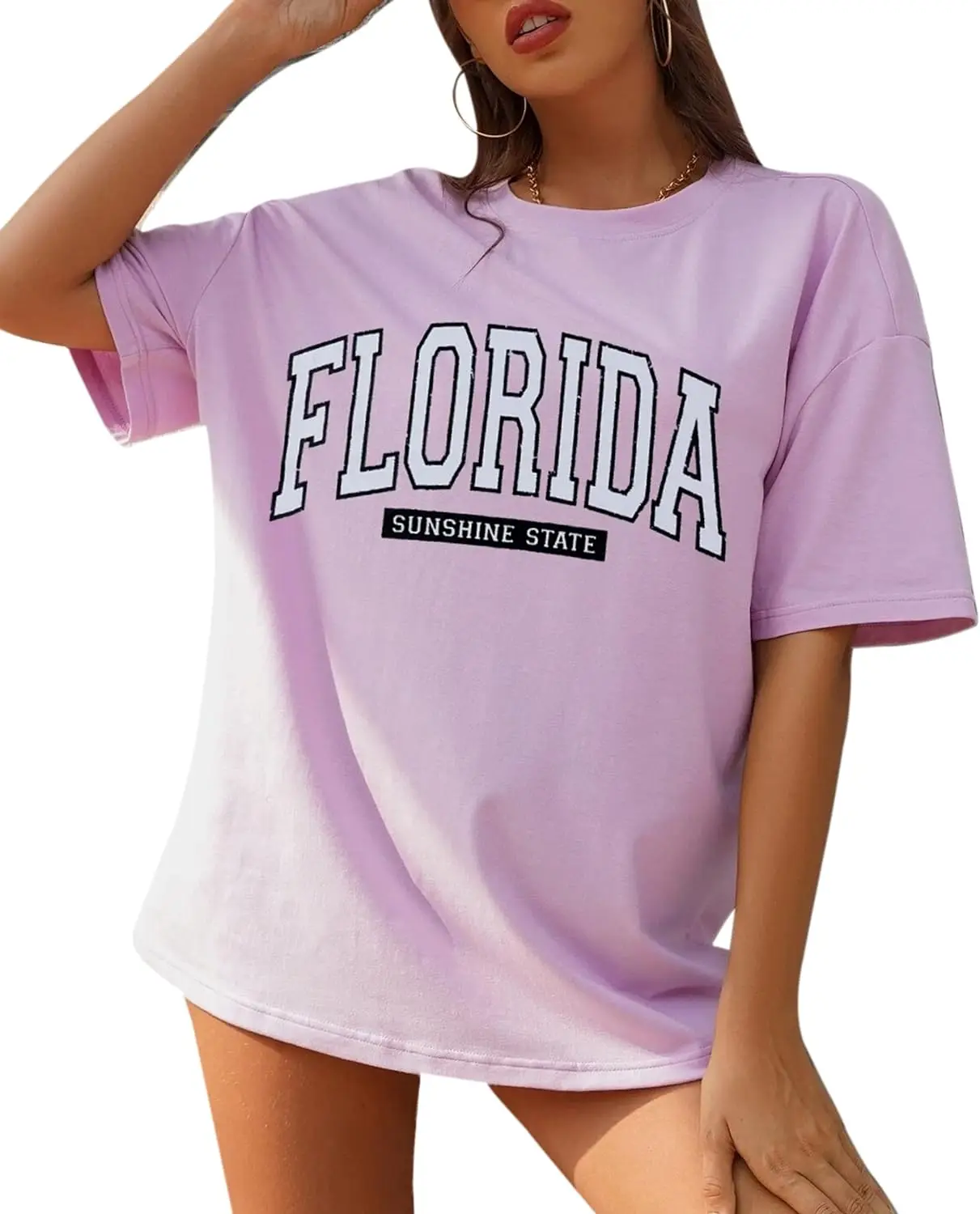 

Women Florida Letter Graphic Print Tee Shirt Oversized Short Sleeve Crew Neck Drop Shoulder Casual T-Shirt Tops