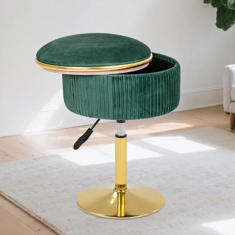 

Adjustable Vanity Stool with Storage, 360° Swivel Makeup Stool Chair Small Velvet Round Ottoman with Gold Base or Bedroom, Green