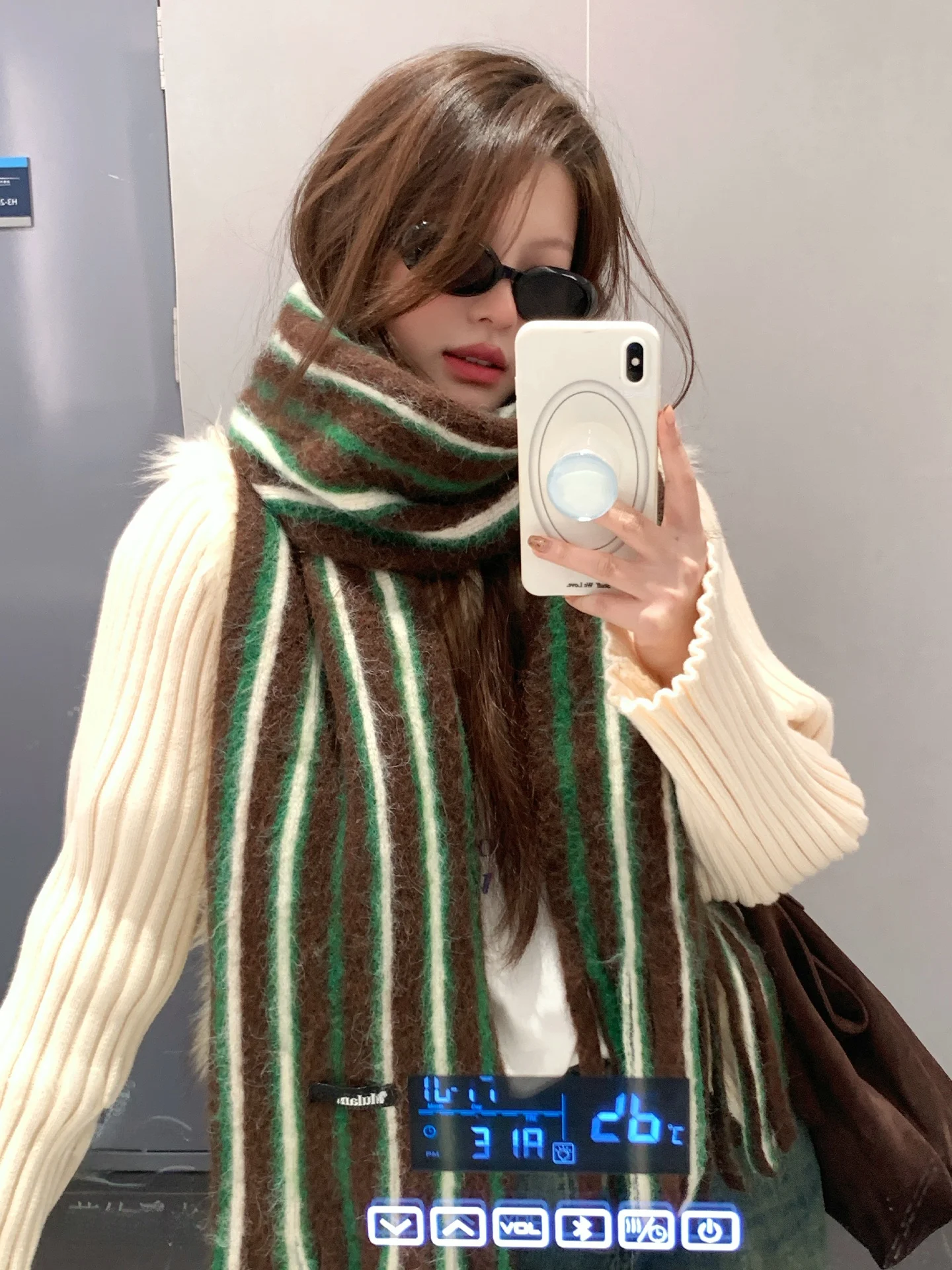 韓国風厚手ニットスカーフ-レディース-冬用-暖かいネックプロテクション-タッセルショール-ストライプ柄-多用途ファッションアクセサリー
