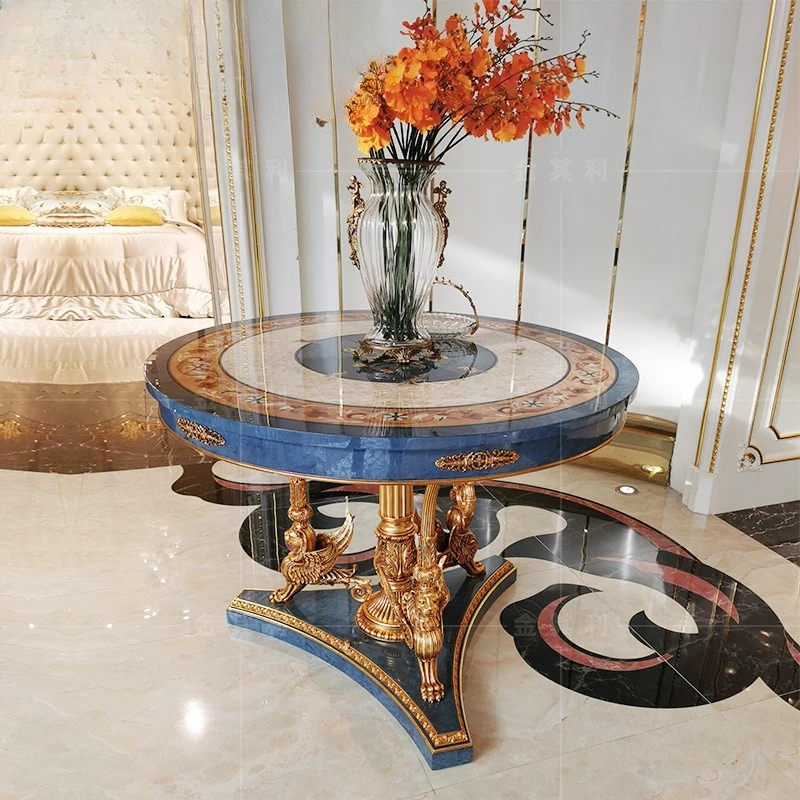 

Luxury dining table cast copper decorative European blue shell parquet British solid wood
