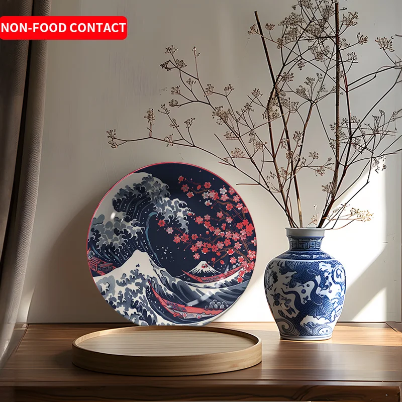 1pc Japanese Wave Floral Hand-Painted Ceramic Wall Art - Round Decorative Plate with Vibrant Ocean and Cherry Blossom Design,
