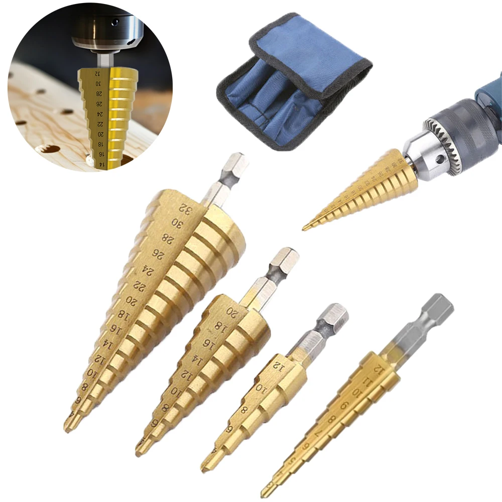 

1-5 компл. HSS титановое ступенчатое сверло с шестигранным сердечником, сверло Pagoda с титановым покрытием 3-12 4-12 4-20 4-32 мм, аксессуар для электроинструмента