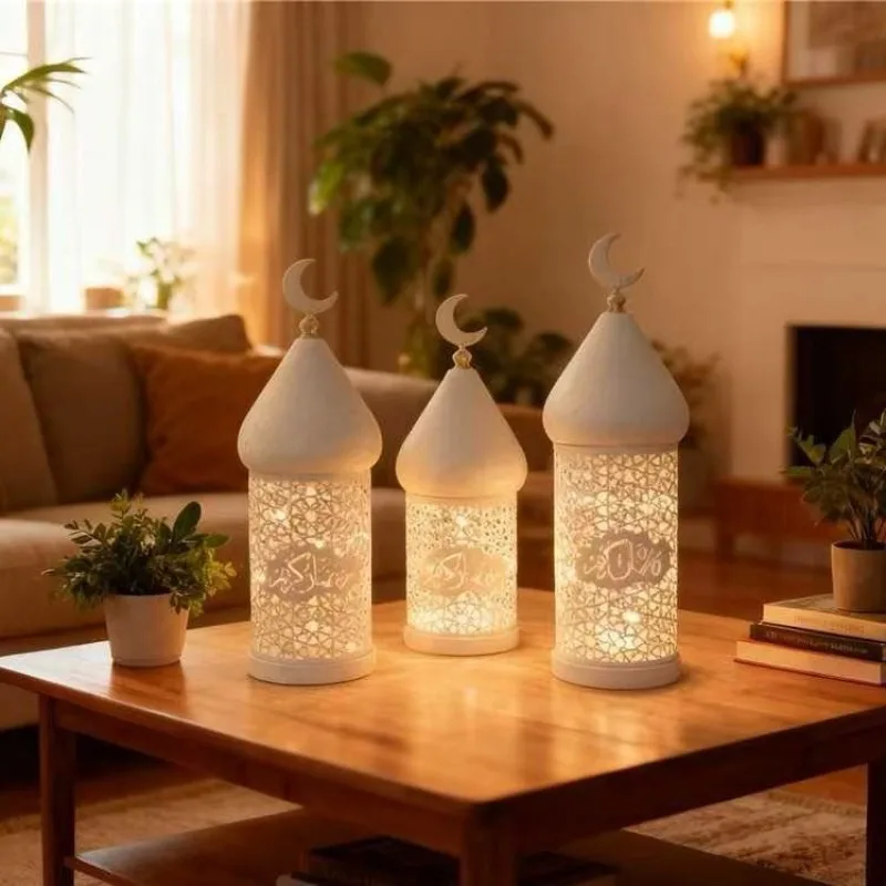 Moroccan White Openwork Iron Led Lantern Decorative Lamp for Home Bedroom Living Room Wedding Party Table Shelf Mantel Decor