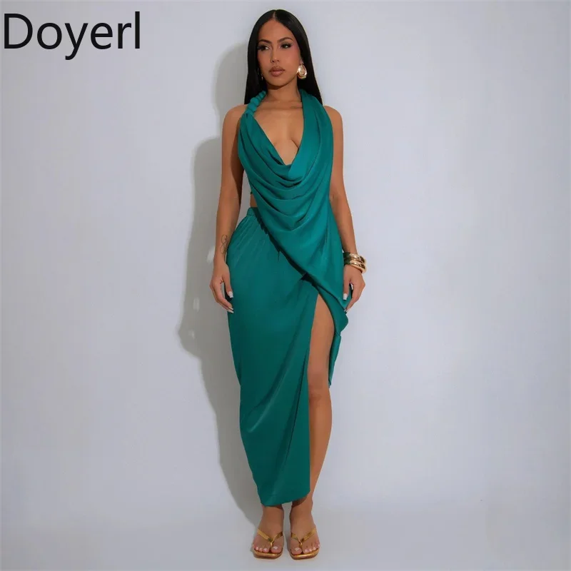 Doyerl Sexy Halter Backless Maxi Dress Women Birthday Sleeveless V-neck Ruched High Split Prom Night Club Party Long Dresses