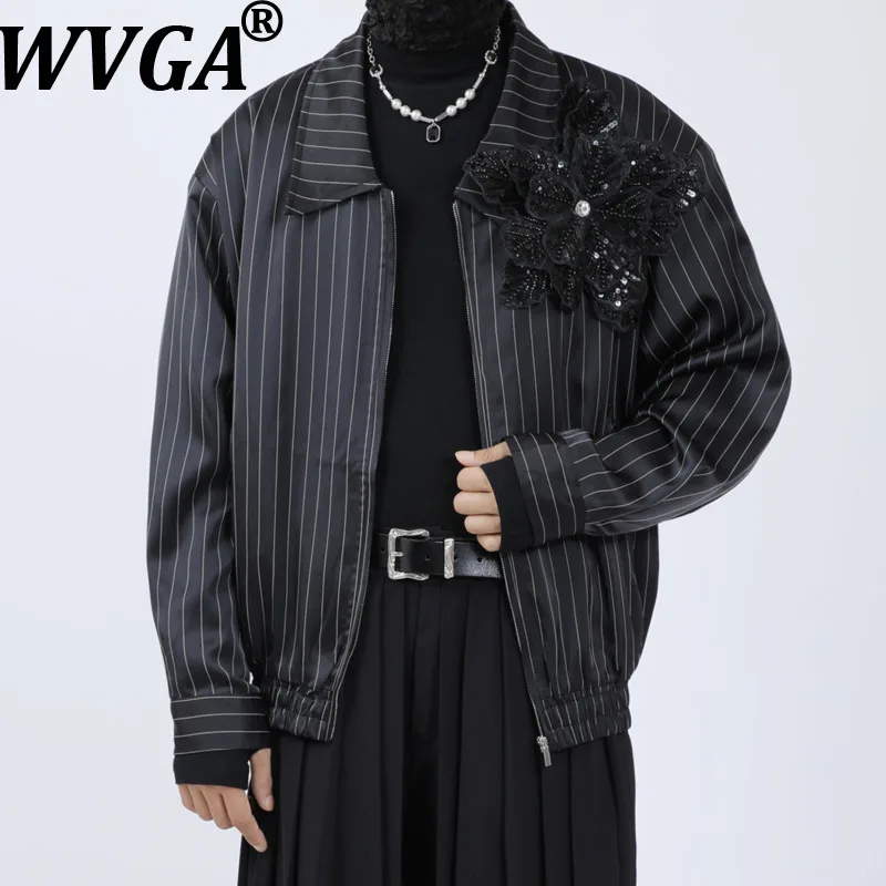 

WVGA Spring Autumn New Men Tide Detachable Chest Flower Turn-down Collar Striped Jacket Niche Chic Casual Trendy Coat Ins W15271