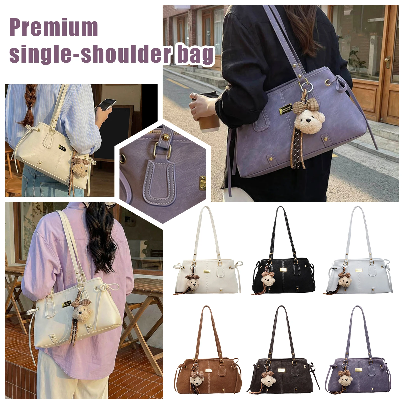 

Vintage Shoulder Bag PU Leather Tote Handbag Large Capacity Trendy Shoulder Purse with Cute Bear Pendant for Women Travel Work