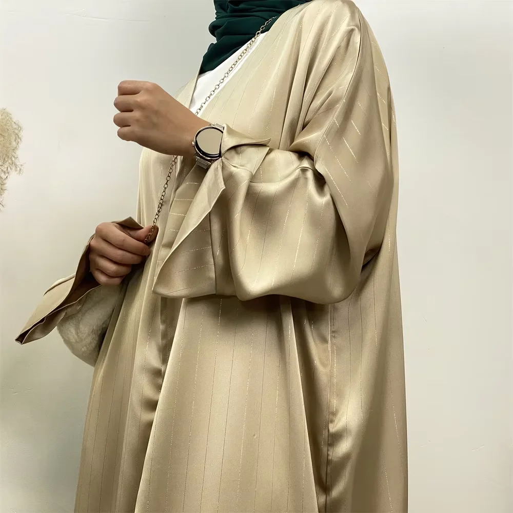

Fashion Muslim Satin Open Abayas for Women Dubai Kaftan Kimono Cardigan Long Robe Dress Kebaya Islam Clothing Eid Jalabiya Abaya
