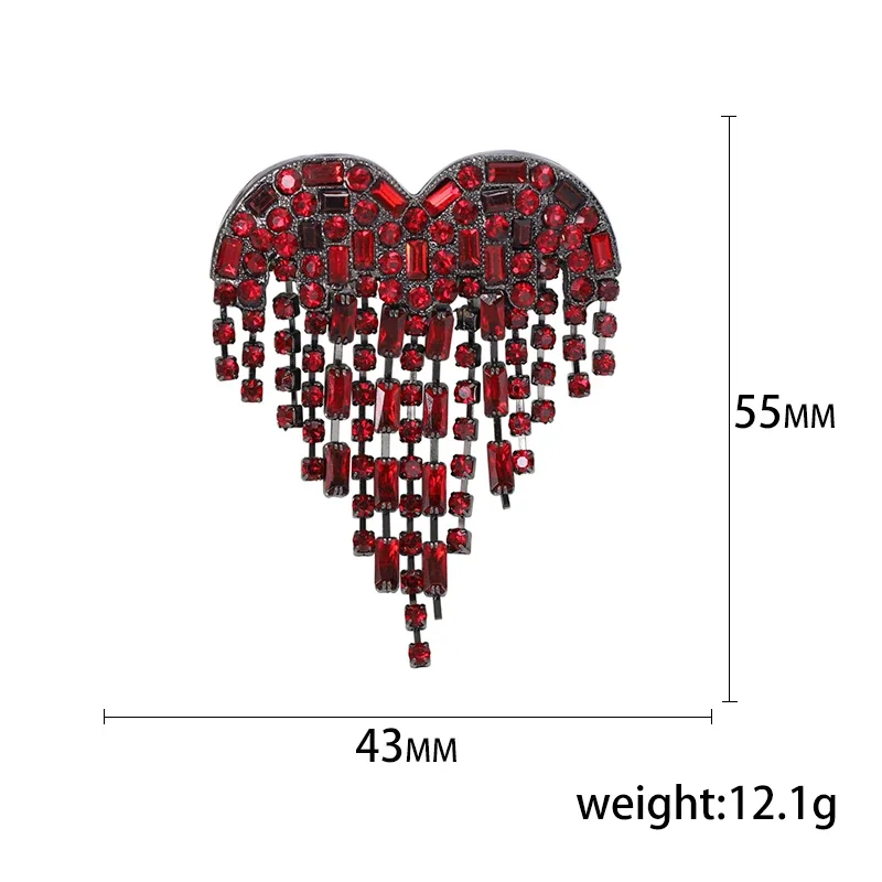 Dmari Designer Luxury Jewelry For Clothing Blood Black Rhinestone Heart Shape Lapel Pins Long Thread Tassel Brooch Women Brooch