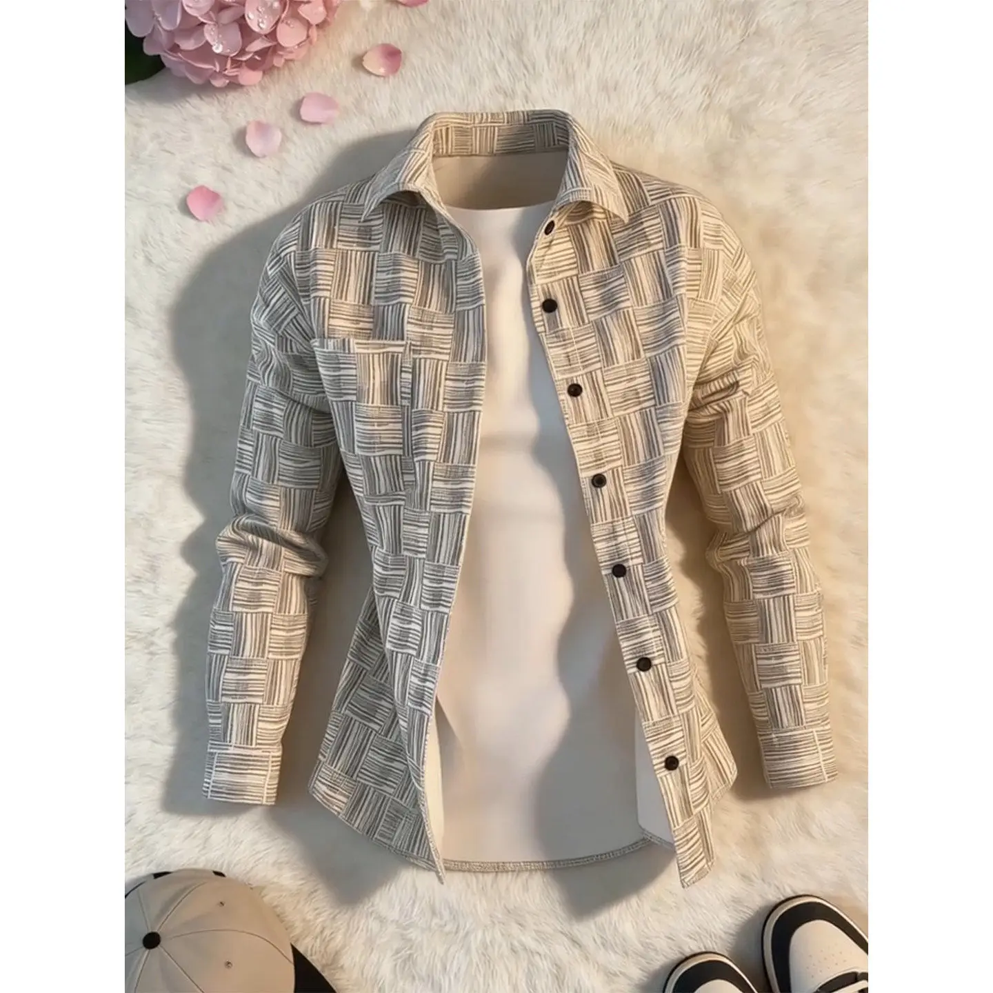 Corduroy Printed Long Sleeve Shirt Men's American Style Layering Sun Protection High-End Feeling Jacket Shirt Outerwear Vinta...