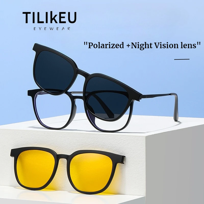 

New Matte Plastic Steel Magnetic Eyeglasses Frame Men Trend Retro Square Titanium Leg Night Vision Polarized Sunglasses UV400
