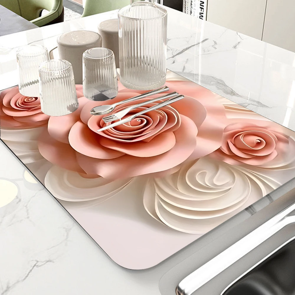 Luxury Rose Flower Print Drain Pad Household Bowl Plate Mat Coffee Machine Insulation Drain Mat Non-slip Countertop Pad